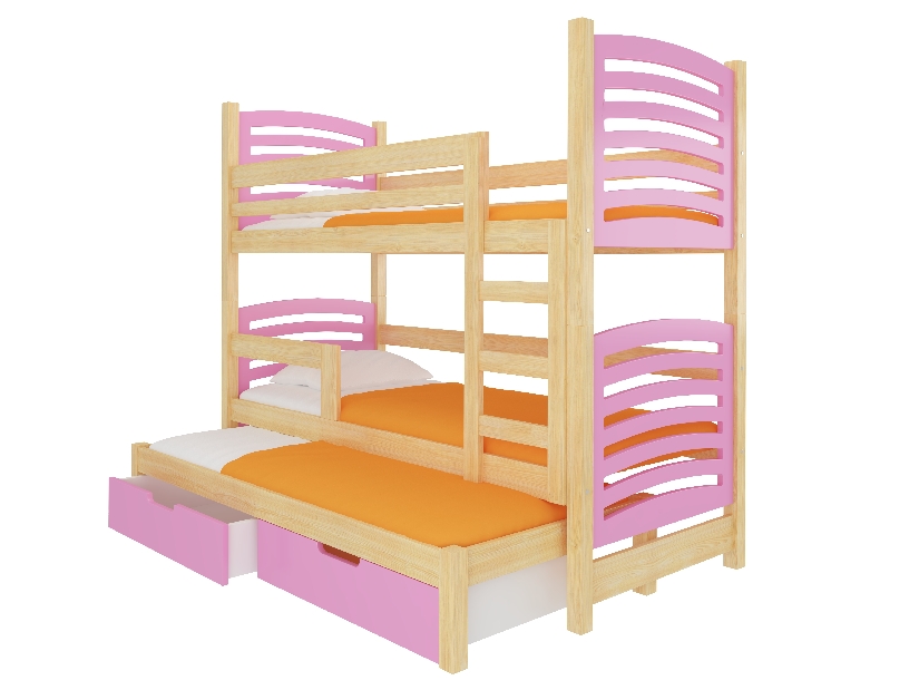 Emeletes gyerekágy 180x75 cm Stanislava (ágyráccsal és matraccal) (fenyő + rózsaszín)