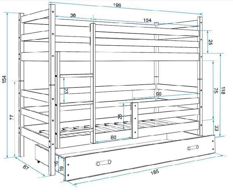 Emeletes ágy 80 x 190 cm Eril B (fenyő + grafit) (ágyrácsokkal és tárolóhellyel)