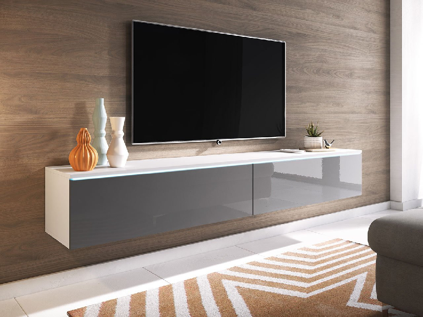 TV asztal/szekrény Dilune 180 (fehér + fényes szürke) (fehér LED világítás)
