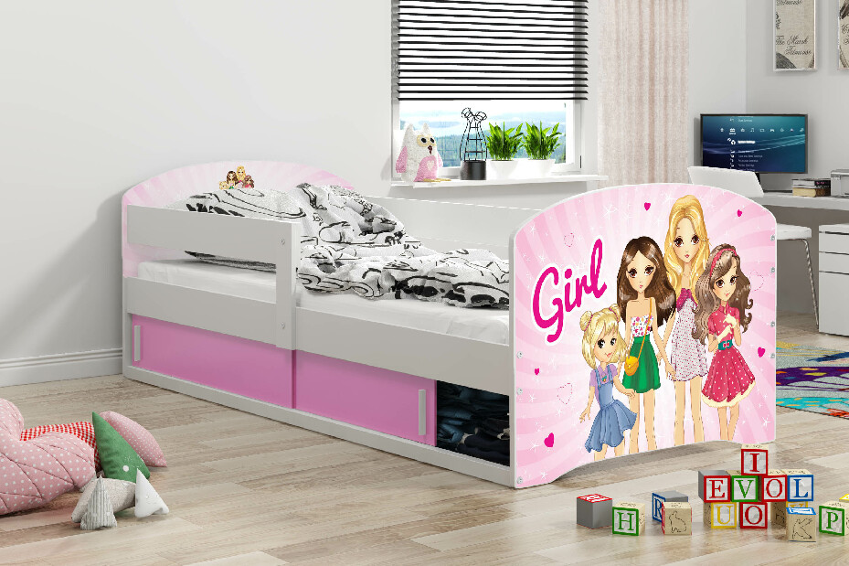 Gyerekágy 80 x 160 cm Lukan (fehér + lányok minta) (ágyráccsal, matraccal és tárolóhellyel)