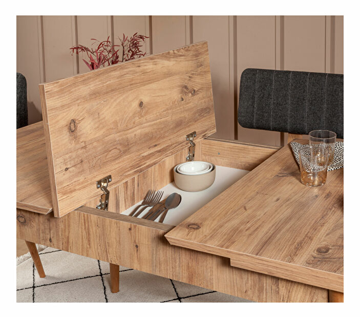 Széthúzható étkezőasztal 2 székkel és egy paddal Vlasta (atlanti fenyő + antracit)