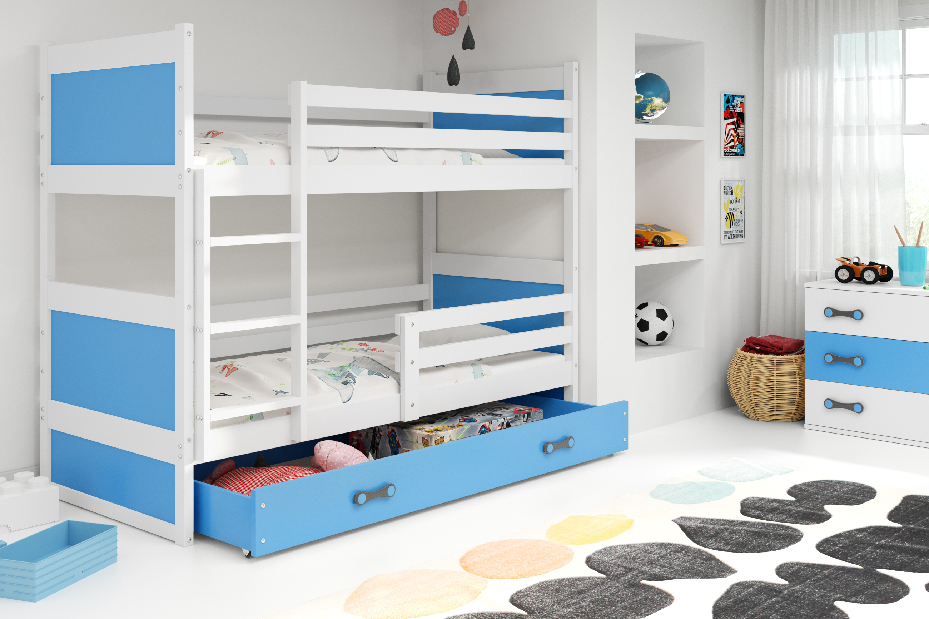 Emeletes ágy 80 x 190 cm Ronnie B (fehér + kék) (ágyrácsokkal és tárolóhellyel)