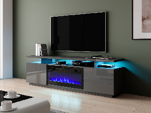 TV szekrény/asztal kandallóval Aurora (grafit + fényes grafit)