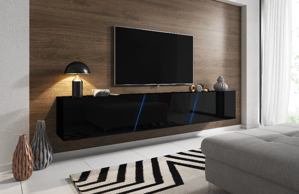TV asztal/szekrény Savanna 240 (matt fekete + fényes fekete) (világítással)