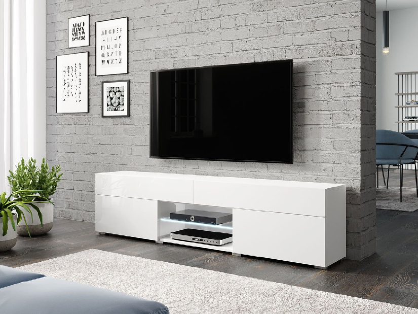 TV szekrény Primrose (fehér + fényes fehér) (fehér LED világítás)