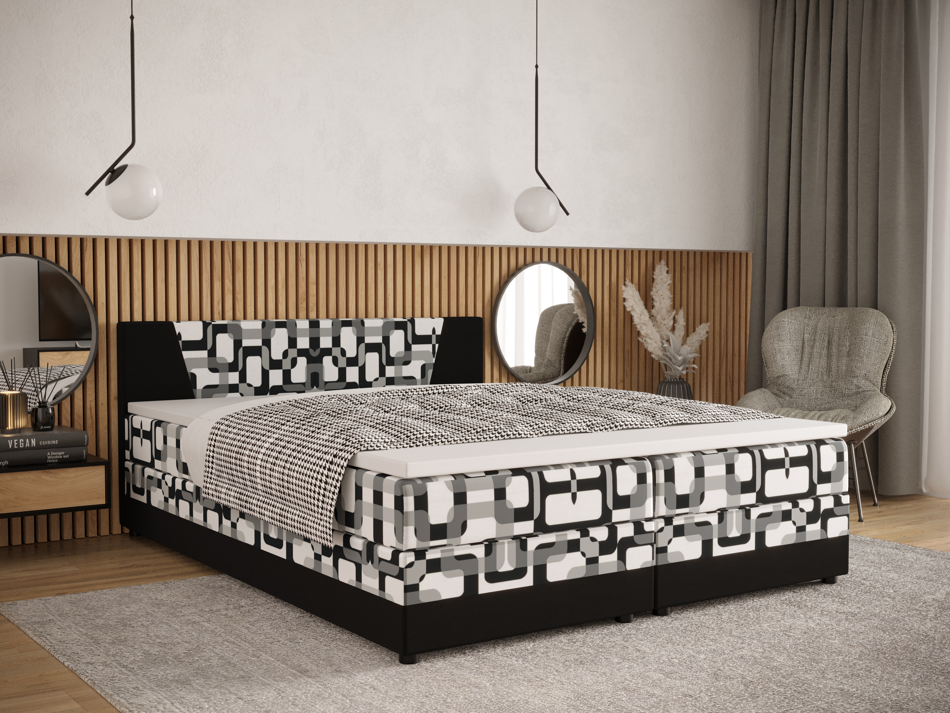 Franciaágy  Boxspring 180 cm Linda (minta + fekete) (matraccal és tárolóhellyel)