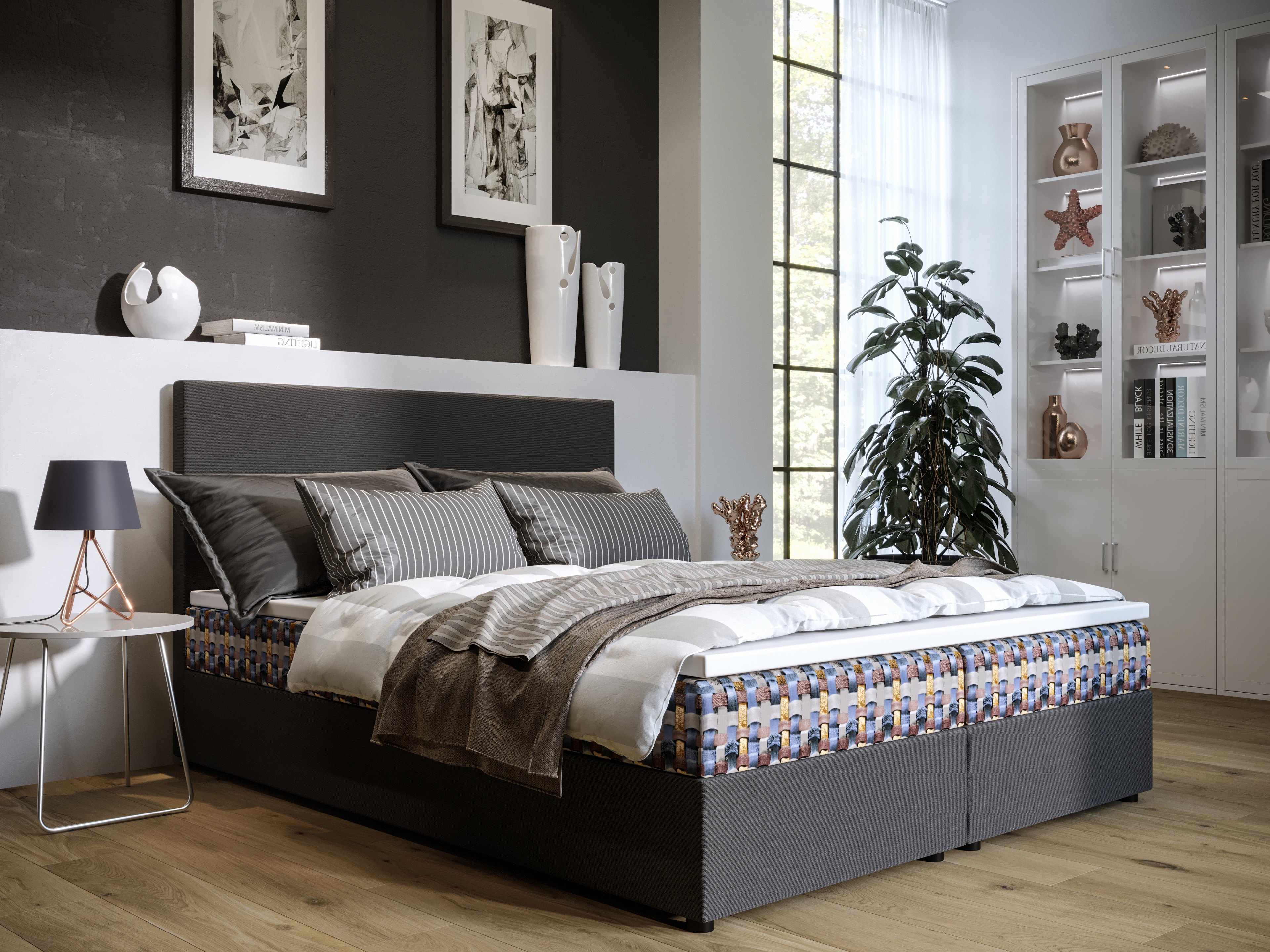 Franciaágy  Boxspring 140 cm Skonto (sötétszürke + kötés minta) (matraccal és tárolóhellyel)