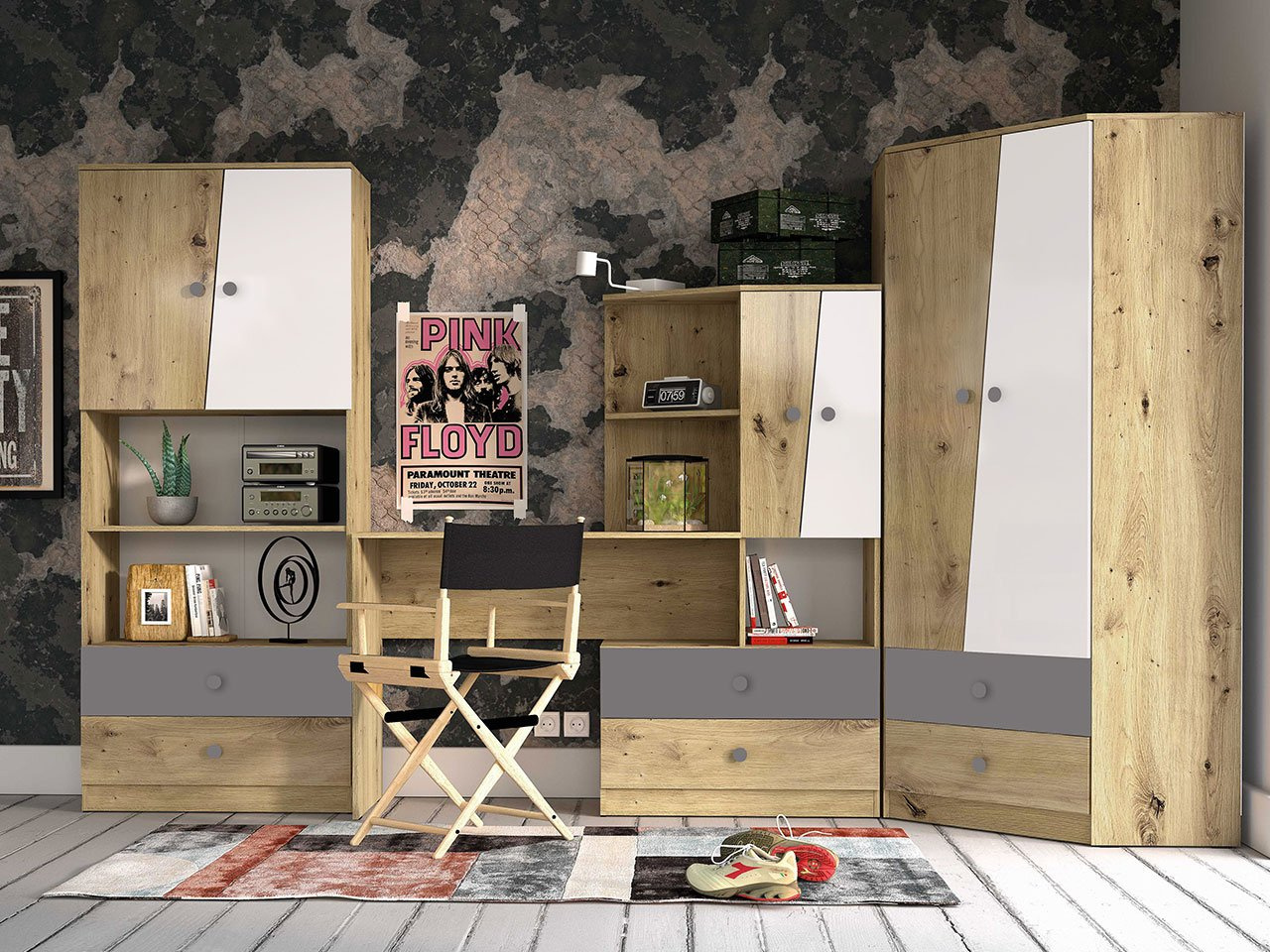 Diákszoba bútor Seraphina IV (művészeti tölgy + fehér + szürke)